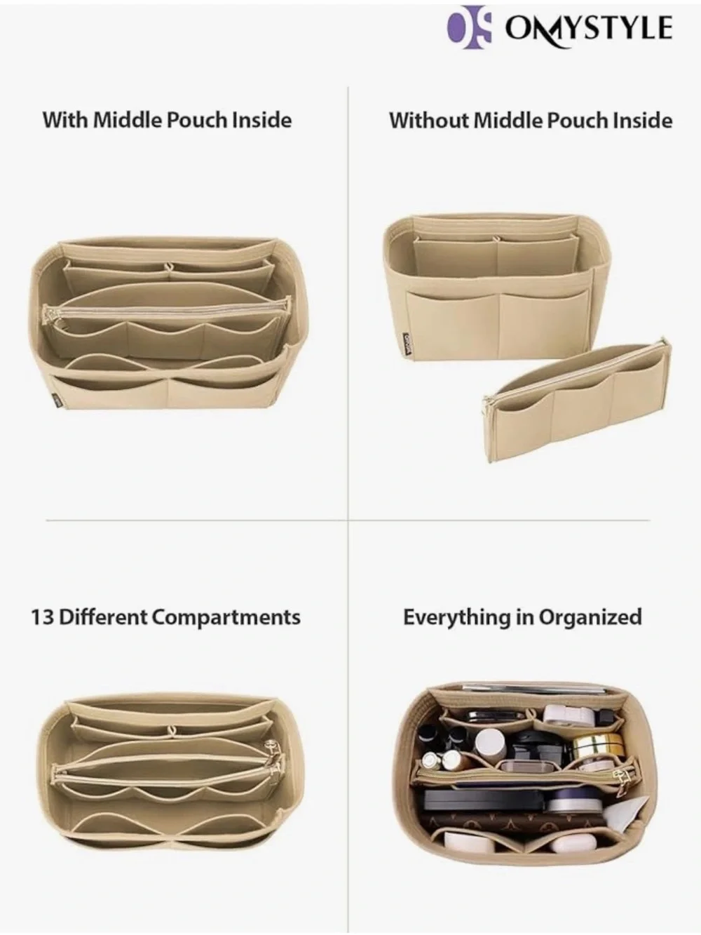Omystyle Purse Organizers Insert Beige Large